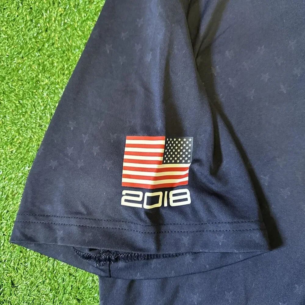 RLX Ralph Lauren Athletic Polo Shirt Mens 2XL Blue USA Open 2018 Patch Flag Logo